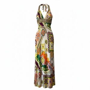MARY L Couture Halter Dress - Multi Print Yellow Beaded Sz 4 Vintage Y2K Exotic